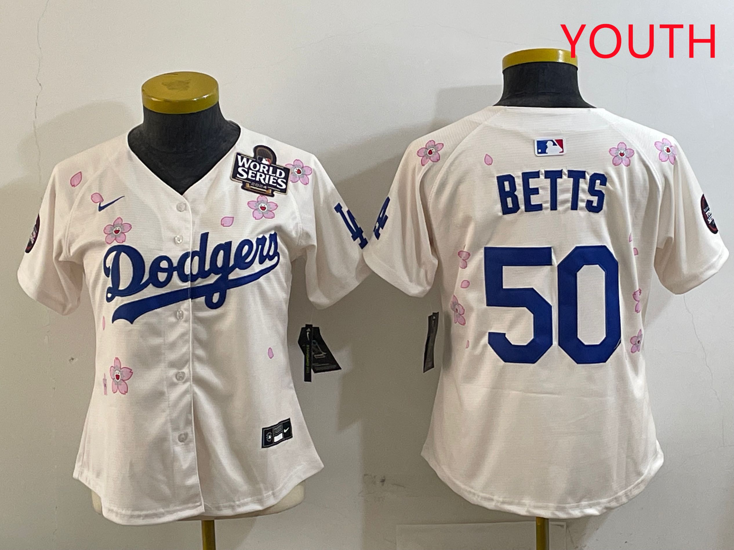 Youth Los Angeles Dodgers #50 Betts Cream Sakura Edition 2025 Nike MLB Jersey style 3
